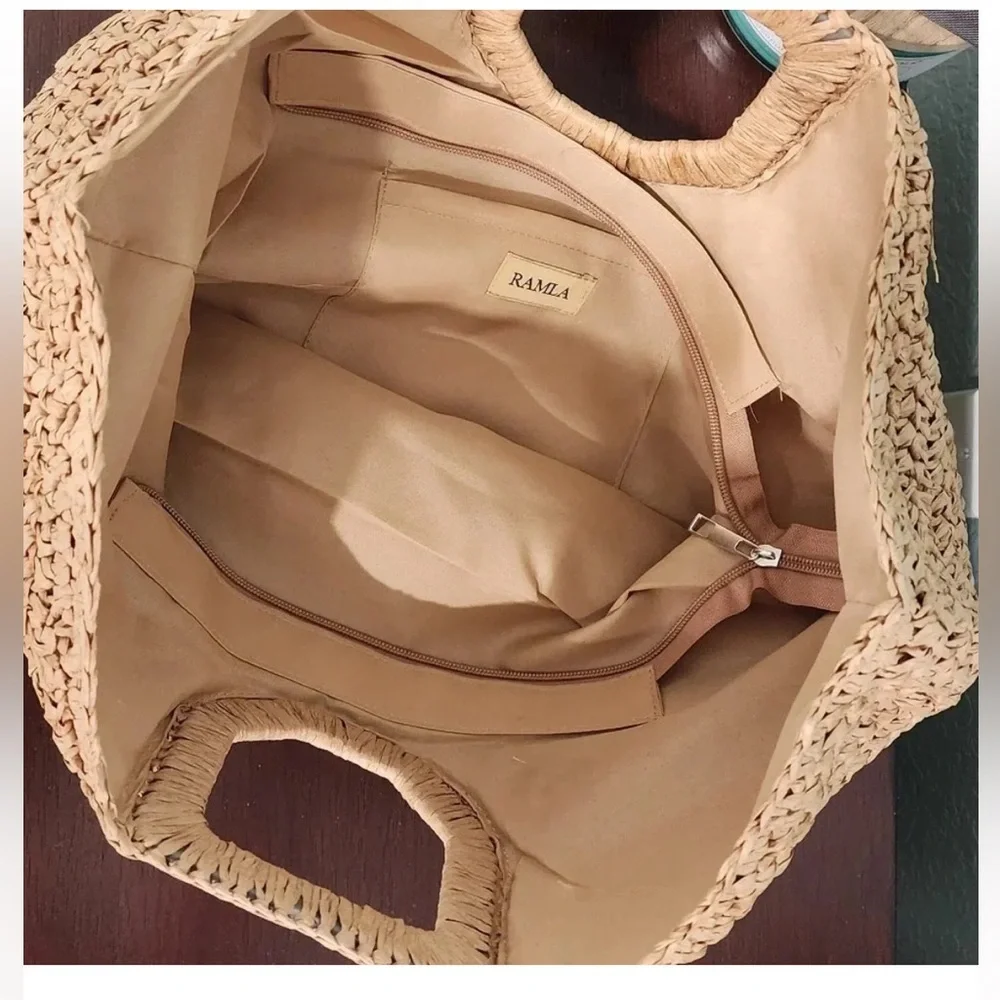 Woven Straw Half-Moon Hobo Tote in Natural Tan